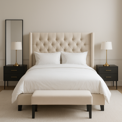 Combo dormitorio capitoné gris con respaldo alto, banqueta, espejo y veladores negros – tienda de muebles en Santiago