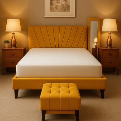Combo de dormitorio con respaldo amarillo, base, banqueta y espejo – tienda de muebles en Santiago