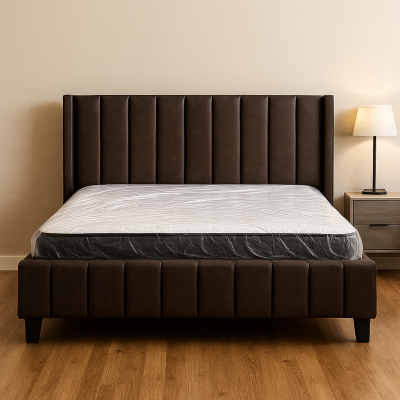 Combo dormitorio con respaldo y base tapizada en ecocuero café oscuro, con colchón y velador – tienda de muebles en Santiago