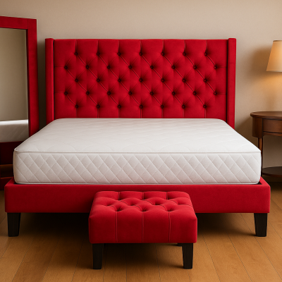 Combo dormitorio rojo capitoné con respaldo, colchón, espejo, banqueta y velador – tienda de muebles en Santiago