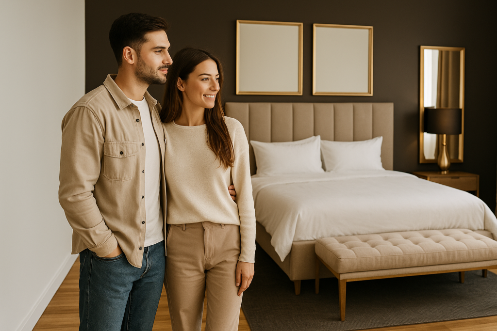 Pareja joven admirando un dormitorio moderno con respaldo tapizado, banqueta y decoración elegante en tonos beige, ideal para venta de combos de dormitorio en Santiago.